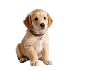 Cute Golden Retriever puppy with red collar and silver bell isolated on a transparent background animal