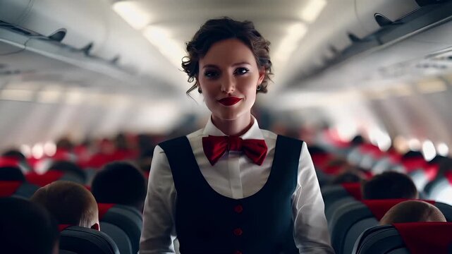 A vivid portrayal of a flight attendant in the cabin of an airplane. The style is a blend of realism and stylization.