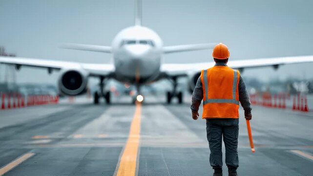 airplane on tarmac with worker and traffic cones.