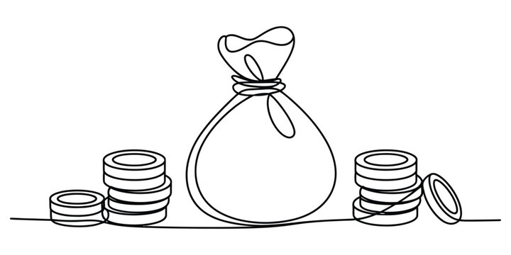 Continuous line art drawing of a money bag and stacks of coins, symbolizing wealth and finance Vector, illustration