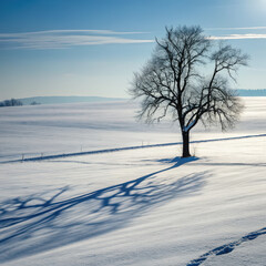 Solitary deciduous tree casting long shadow on snowy field in quiet winter landscape on bright sunny day with blue sky and soft cloud conveys feeling of isolation and peaceful silence in nature