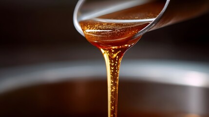ro close up of thick viscous amber liquid like honey or syrup flowing in a smooth glossy stream from a metal spout showing rich texture and warm golden hues
