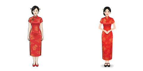 Vector of woman wearing Cheongsam/Qipao. Vector, minimalist, illustration, icon set.