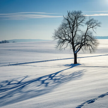 Solitary deciduous tree casting long shadow on snowy field in quiet winter landscape on bright sunny day with blue sky and soft cloud conveys feeling of isolation and peaceful silence in nature