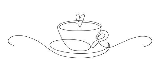 Cup of tea, or coffee with heart. Continuous line drawing.