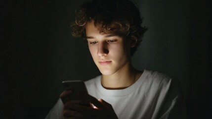 Portrait of a young man with curly hair. he is wearing a white t-shirt and is holding a smartphone in his hands. the background is dark and the lighting is dim, creating a moody atmosphere.