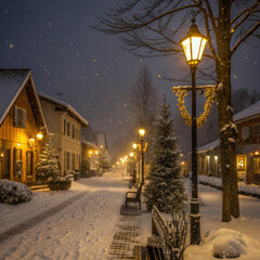 Quiet beautiful winter landscape with falling snow covering quaint village street at night illuminated by warm glow of street lamp creating peaceful and magical atmosphere in small town