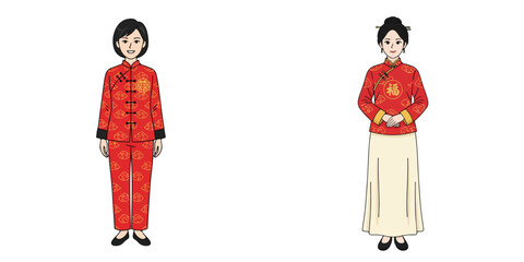 Vector of woman wearing traditional Chinese Tang Suit. Vector, minimalist, illustration, icon set.