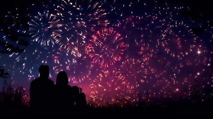 A silhouette of two individuals against a vibrant fireworks display. The scene is set against a backdrop of a starry night sky.