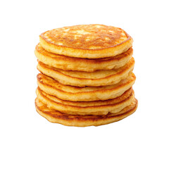 Golden-brown, freshly-cooked circular pancakes are neatly stacked upon each other, displaying a slightly uneven, textured surface and subtle bubbling, presented, isolated on transparent background.