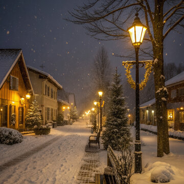 Quiet beautiful winter landscape with falling snow covering quaint village street at night illuminated by warm glow of street lamp creating peaceful and magical atmosphere in small town