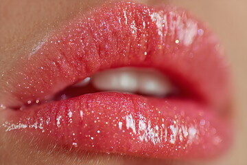 Obraz premium Close view of glossy lips with shimmer and shine in natural light during a makeup session