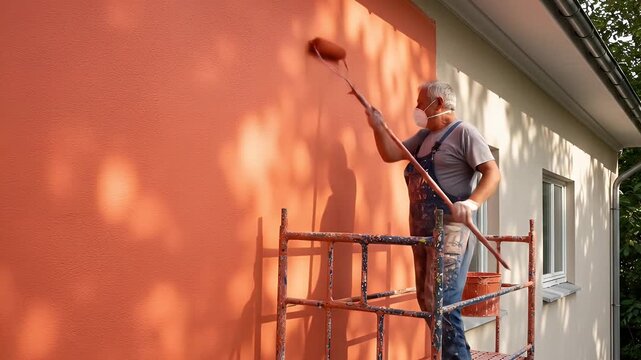 Man painting exterior house wall orange color using roller on scaffold outdoors