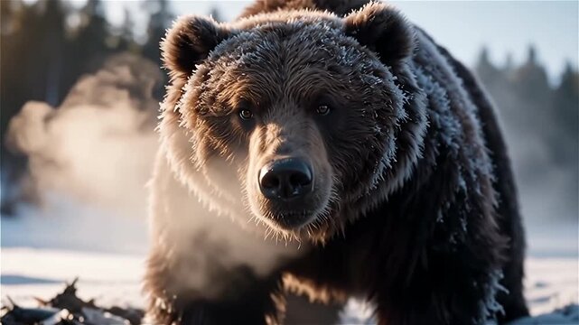 A powerful brown bear digging through ice for fish in a snowy landscape during the day, creating flying splinters of ice
