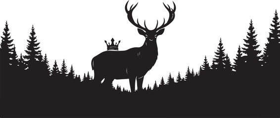 Majestic Deer Stag Silhouette with Forest Landscape on White Background.
