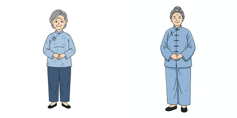 Vector of grandmother wearing traditional Chinese clothes. Vector, minimalist, illustration, icon set.