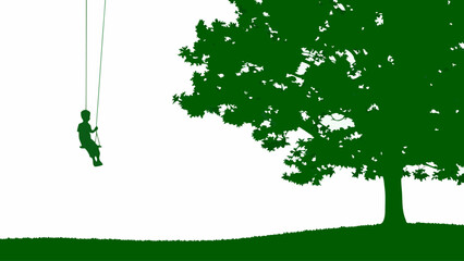 Child on swing under tree in green silhouette landscape