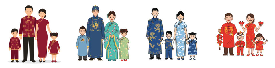 Vector family wearing traditional Chinese clothes. Vector, minimalist, illustration, icon set.