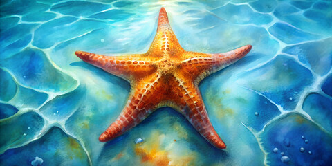 Vibrant Illustration of an Orange Starfish Resting on the Sandy Bottom of Clear Turquoise Shallow Water