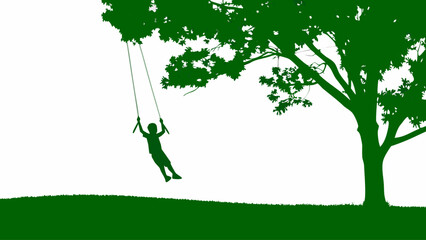 Silhouette of a child swinging under a tree on a sunny day