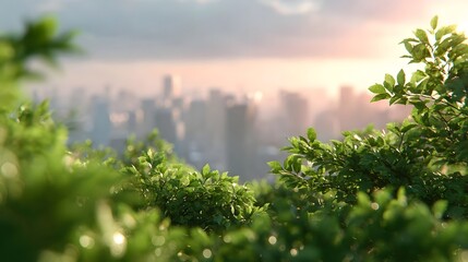 A serene vista through lush out of focus green foliage reveals a hazy urban skyline bathed in the soft warm light of dawn or dusk contrasting nature and city