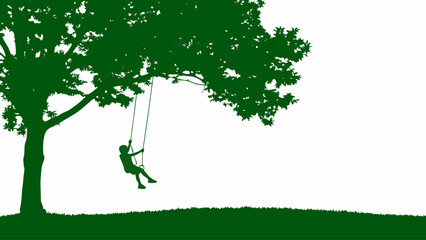 Silhouette of child playing on swing under green tree