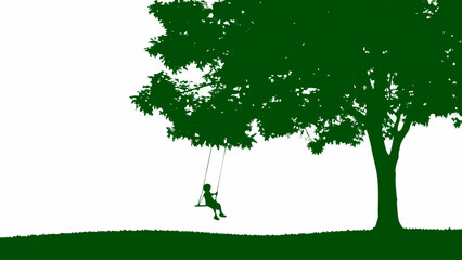 Child playing on swing under a large tree in green silhouette