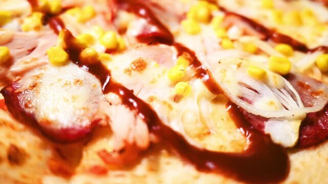pizza with sausage, meat, corn and cheese. food texture background.