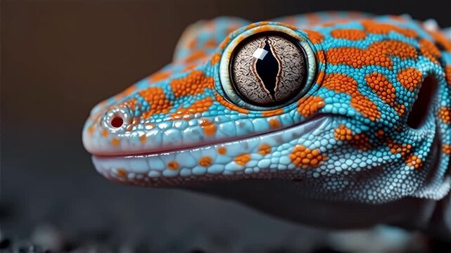 Close-up of a colorful gecko with vibrant blue and orange patterns, tongue extended, set against a dark background highlighting its unique textures