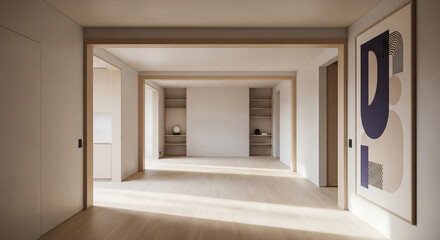 Spacious empty interior with wooden door frames and built in shelving