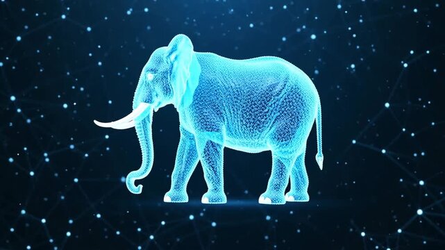 Digital elephant with glowing blue outlines against a dark background, connected by network nodes, showcasing a futuristic theme