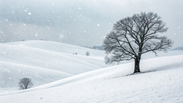 Lonely large tree standing solitary amidst white falling snow during cold winter day creating peaceful calm scenic landscape with minimal feeling in rural nature field