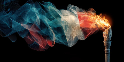 Fototapeta premium Olympic torch burning with flame and flowing Italian flag colors abstract smoke effect symbolizing 2026 Milano Cortina Winter sports competition celebration concept