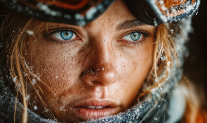 Close up portrait of young female winter sports athlete with skiing goggles and snowflakes on face during outdoor alpine adventure in snowy mountains