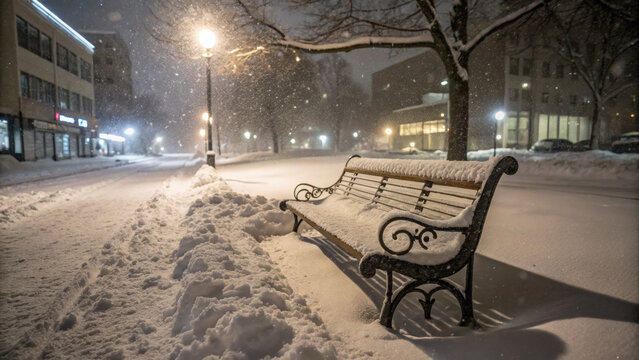 Empty snow covered wooden bench in quiet city park at night illuminates lonely winter atmosphere and peaceful urban landscape during cold weather snowfall