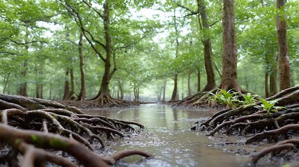 A tranquil mangrove forest scene with intricate exposed roots lining a calm waterway Lush green trees form a dense canopy creating a serene and natural landscape