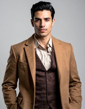 A handsome man with dark hair poses in a studio. He wears a beige shirt, patterned waistcoat, and brown jacket