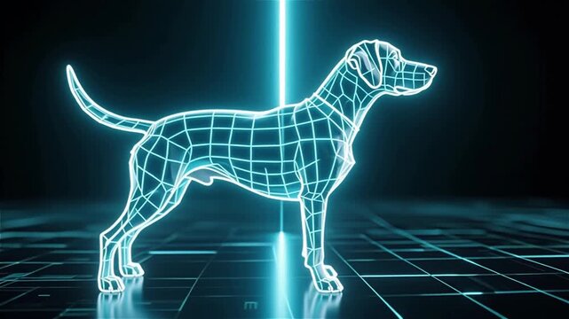 A futuristic digital representation of a dog illuminated in neon blue against a dark backdrop, showcasing geometric lines and shapes