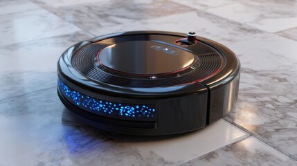 Sleek black robot vacuum on marble floor with blue led lights.