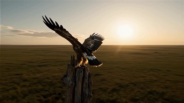 Golden eagle perched on a weathered stump against a vast grassland at sunset, showcasing its magnificent wingspan