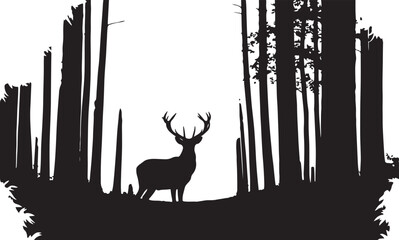 Majestic Deer Stag Silhouette with Forest Landscape on White Background.