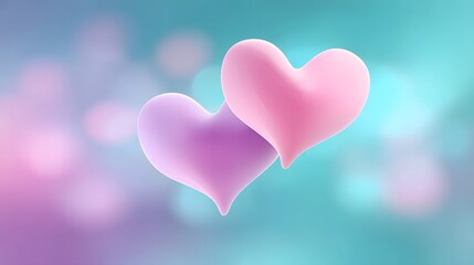 Abstract 3D render of pink and purple hearts floating and touching against a dreamy blurred teal and pink bokeh backdrop representing romance connection and tender emotions
