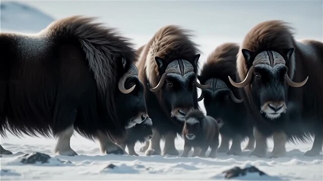A group of musk oxen standing together in a snowy landscape, showcasing their thick fur and distinctive curved horns, conveying a sense of family and protection
