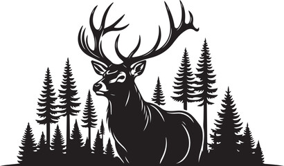 Majestic Deer Stag Silhouette with Forest Landscape on White Background.