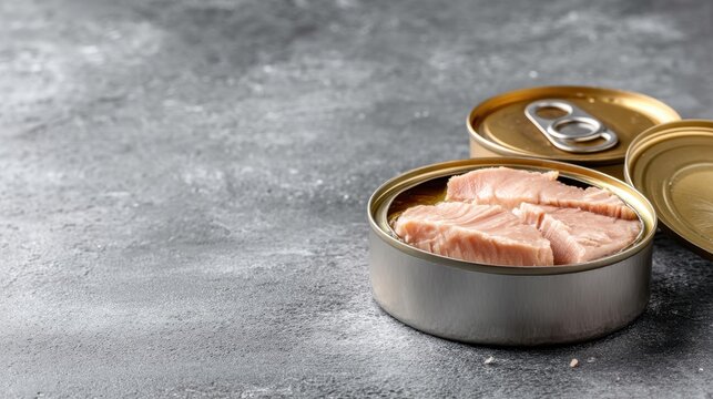 Open tin can of tuna on gray surface with lid partially opened.