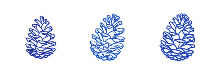 Stylized pine cones illustrated in blue outline on white background  