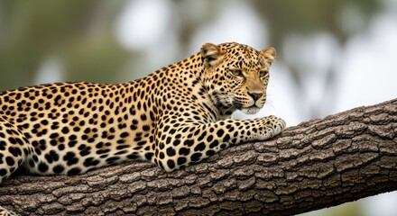 A leopard rests peacefully on a thick tree branch in its natural habitat.