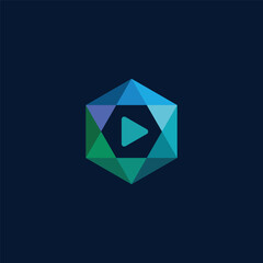 Modern abstract geometric hexagon icon with a central play button, symbolizing digital media, streaming content, and dynamic entertainment experiences in a vibrant gradient design