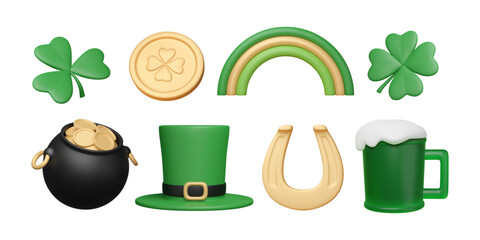 Fototapeta premium St. Patrick's day 3d elements. Cartoon isolated icons. Green irish lucky objects for holiday designs, invitations, banners. Vector illustration. Stickers set. Abstract rainbow, beer, horseshoe, clover