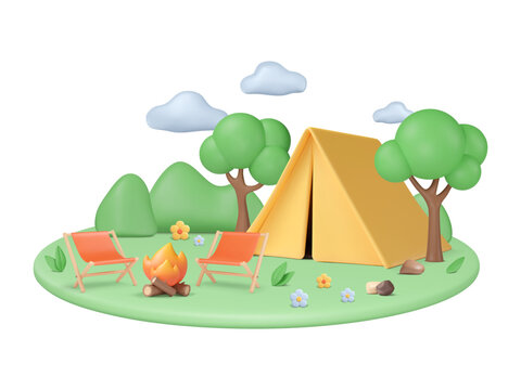 3d summer camping elements on abstract grass podium. Summer camp concept. Cartoon landscape in plastic style. Vector illustration. Outdoor weekend in nature in tent near campfire, recreation trip.